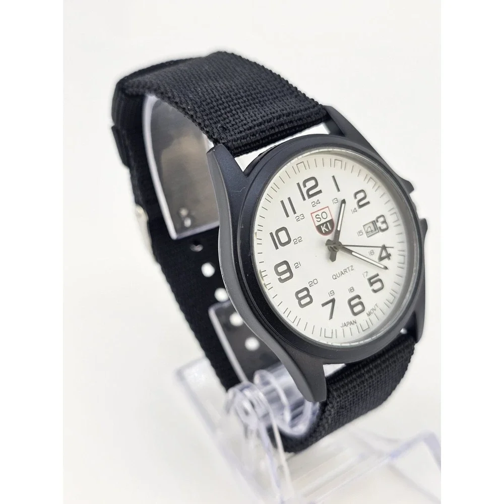 41MM Field Men Analog Watch White Dial Date Black Canvas Nylon Bands New Battery